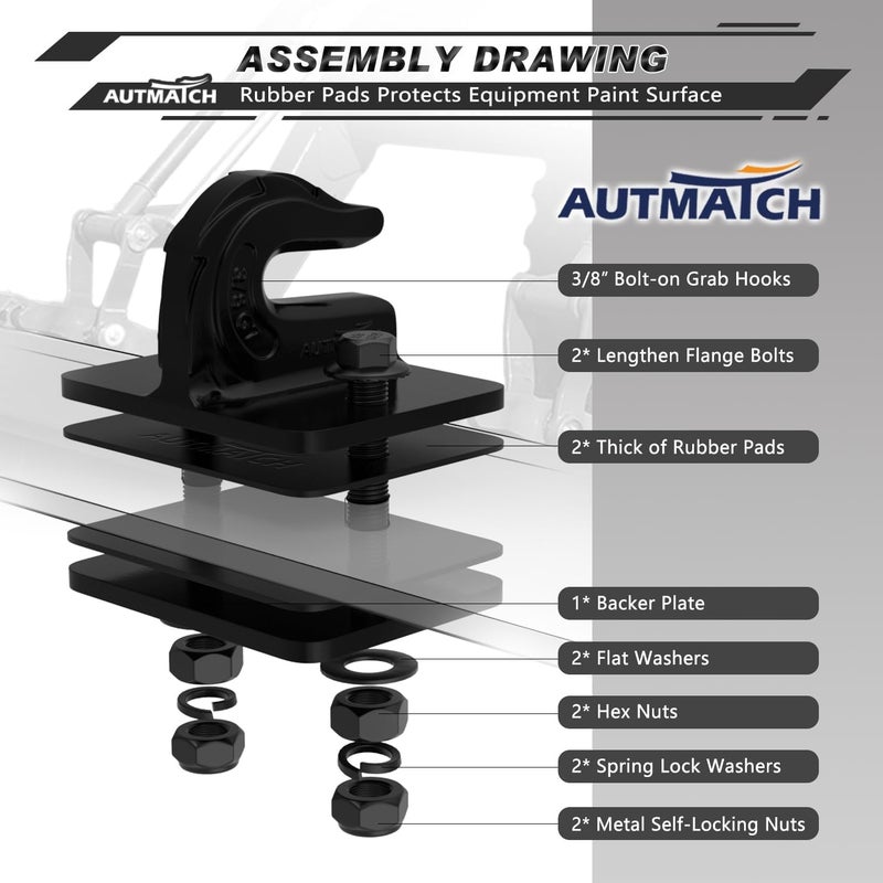 AUTMATCH خطاف جر دلو الجرار 3/8" (عبوة 2) - خطاف جر مثبت بالبراغي مع لوحة دعم ووسادات مطاطية، فولاذ مطروق من الدرجة 70 بحد أقصى 18,000 رطل للعمل مع دلو الجرار، لون أسود غير لامع - Image 2